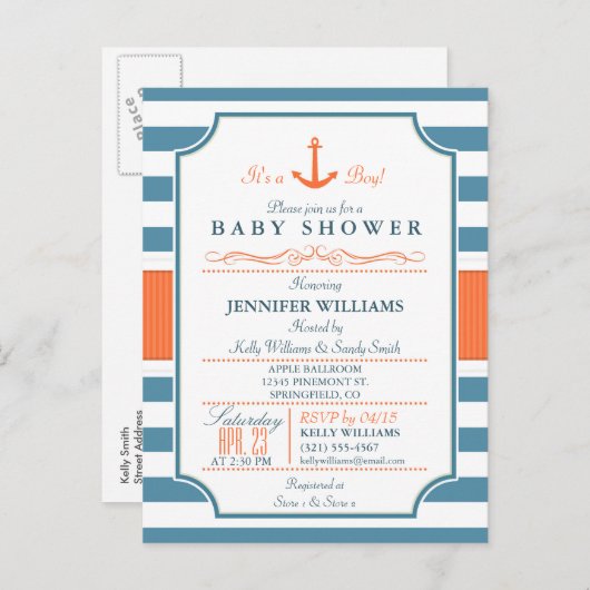 Nautisch blauw en Sinaasappel Anker Baby shower Uitnodiging Briefkaart (Voorkant / Achterkant)