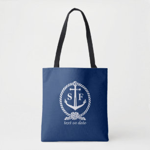 Nautisch blauw en wit anker Monogrammed Custom Tote Bag