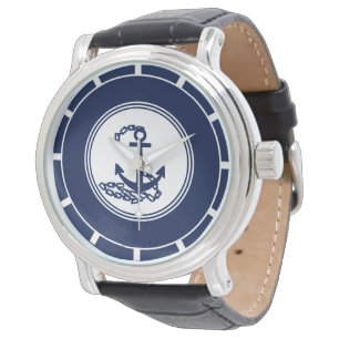 Nautisch blauw en wit anker symbool zeilstijl horloge