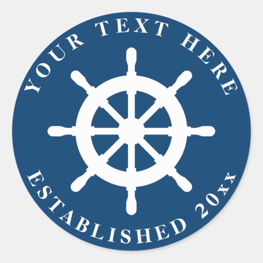 Nautisch blauw en wit scheepswiel bruiloft sticker (Voorkant)