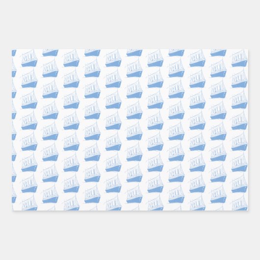 Nautisch Blauw en Wit Schip Zeilboot Inpakpapier Vel (Voorkant)