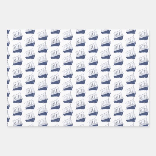 Nautisch Blauw en Wit Schip Zeilboot Inpakpapier Vel (Voorkant)