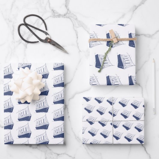 Nautisch Blauw en Wit Schip Zeilboot Inpakpapier Vel (Voorkant)