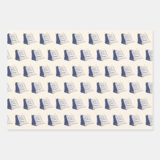 Nautisch Blauw en Wit Schip Zeilboot Inpakpapier Vel (Voorkant 2)
