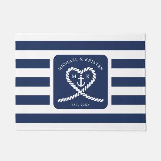 Nautisch Blauw Gestreept Touw Hart Anker Bruiloft Deurmat (Voorkant)