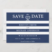 Nautisch Blauw Gestreept Touw Hart Anker Bruiloft Save The Date (Voorkant)