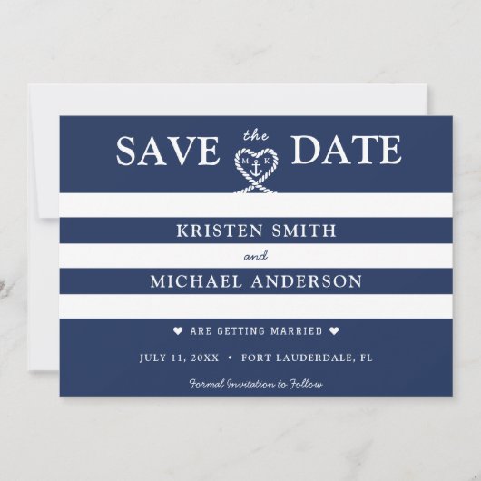 Nautisch Blauw Gestreept Touw Hart Anker Bruiloft Save The Date (Voorkant)