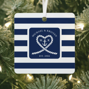 Nautisch Blauw Gestreept Touw Hart Anker Kerstmis Metalen Ornament
