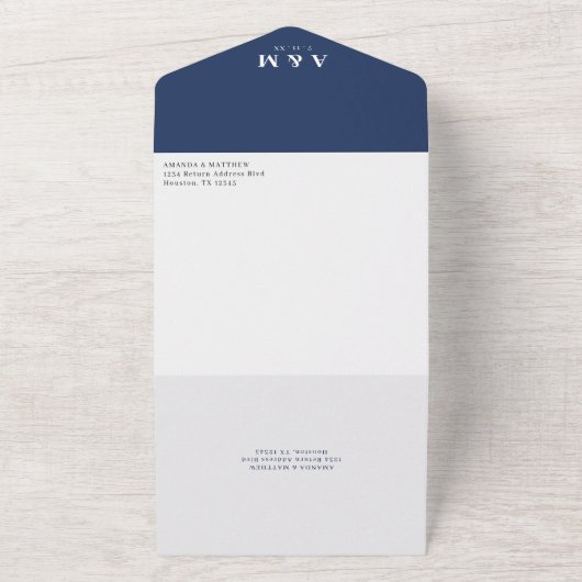 Nautisch Blauw Hart Monogram Kalender Bruiloft All In One Uitnodiging (Buitenkant)