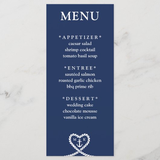 Nautisch Blauw Hart Touw Monogram Bruiloft Menu (Voorkant)