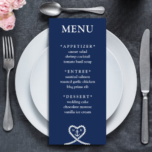 Nautisch Blauw Hart Touw Monogram Bruiloft Menu