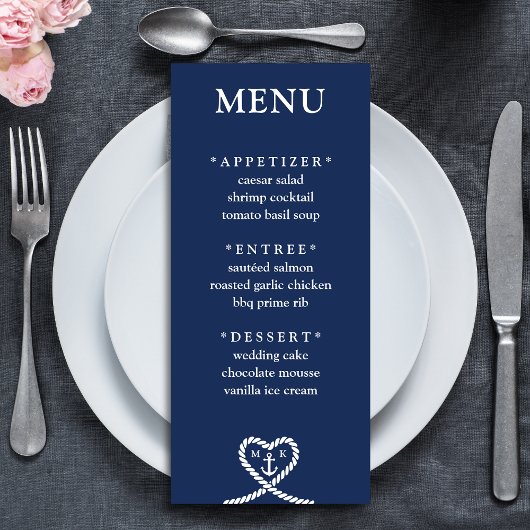Nautisch Blauw Hart Touw Monogram Bruiloft Menu
