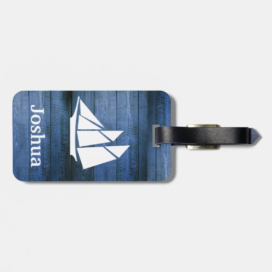 Nautisch blauw hout en wit zeilschip Aangepaste na Bagagelabel (Achterkant horizontaal)