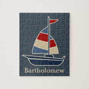 Nautisch blauw, rood, crèmezeilboot, aangepast legpuzzel