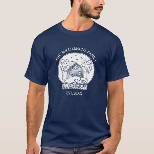 Nautisch Blauw Strand Huis Witte Familienaam Anker T-shirt (Voorkant)
