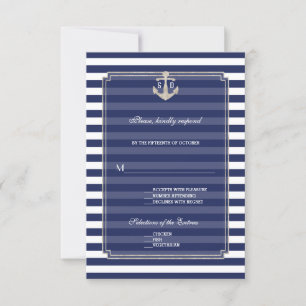 Nautisch Blauw Strepen Zilver Anker Huwelijk RSVP