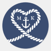 Nautisch Blauw Touw Hart Anker Monogram Bruiloft Ronde Sticker (Voorkant)