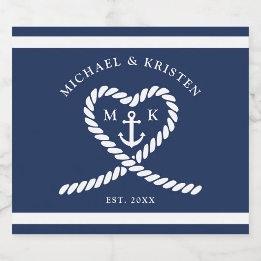 Nautisch Blauw Touw Hart Anker Monogram Bruiloft Sparkling Wijnetiket (Enkel label)