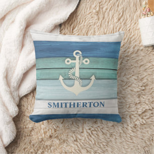 Nautisch Blauw Turquoise Witte Anker Oceaan Strand Kussen