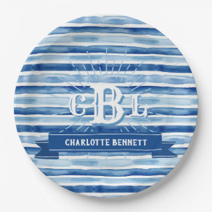 Nautisch blauw Waterverf streep volledig monogram Papieren Bordje