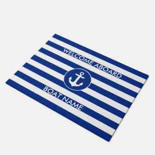 Nautisch blauw welkomstbord Naam Striped deurmat
