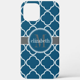 Nautisch blauw | White Quatrefoil Clover Monogram iPhone 12 Pro Max Hoesje