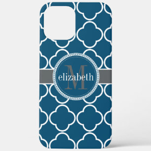 Nautisch blauw White Quatrefoil Clover Monogram iPhone 12 Pro Max Hoesje