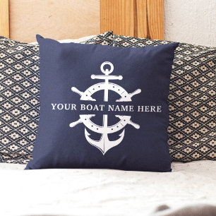 Nautisch blauw wielschip met moderne naam schip kussen