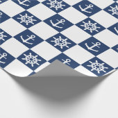 Nautisch blauw wit ingecheckt cadeaupapier (Hoek)