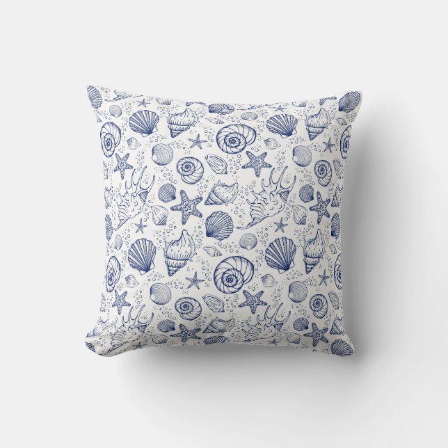Nautisch Blauw Witte Schelp Zeester  Kussen (Voorkant)