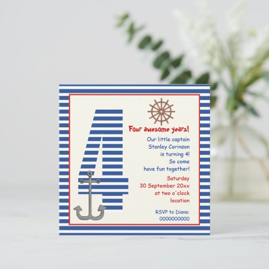 Nautisch blauw, witte zweefboot vierde verjaardags kaart (Staand voorkant)