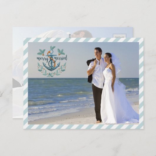 Nautisch Blij & Getrouwd, Turkooizen Strepen, Twee Feestdagenkaart (Voorkant / Achterkant)