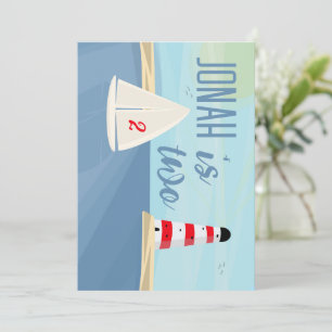 Nautisch, boot, vuurtoren, blauwe verjaardagsfeest kaart