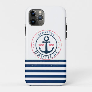 Nautisch, bootnaam, anker marineblauwe strepen iPhone 11 pro hoesje