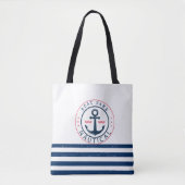 Nautisch, bootnaam, anker marineblauwe strepen draagtas (Voorkant)