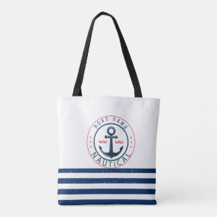 Nautisch, bootnaam, anker marineblauwe strepen draagtas