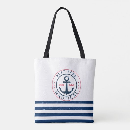 Nautisch, bootnaam, anker marineblauwe strepen draagtas (Achterkant)