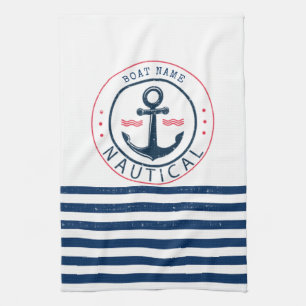 Nautisch, bootnaam, anker marineblauwe strepen theedoek
