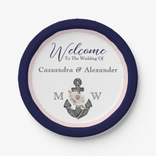 Nautisch Bruiloft Bloemen Anker Marine Blauw en Ro Papieren Bordje