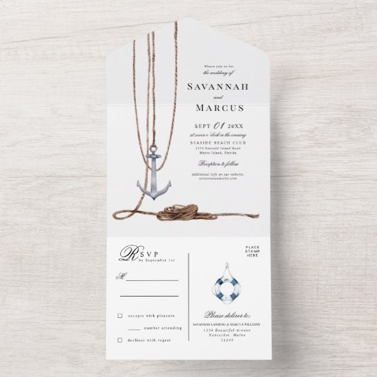 Nautisch bruiloft in vuurtorenbestemming all in one uitnodiging (Binnen)