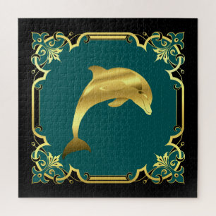 Nautisch dolfijnensilhouet/goud/zwart/aqua legpuzzel