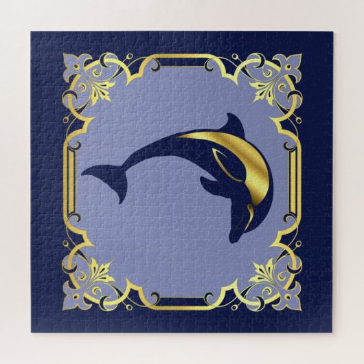 Nautisch dolfijnsilhouet/goud/blauw van de marine legpuzzel (Horizontaal)