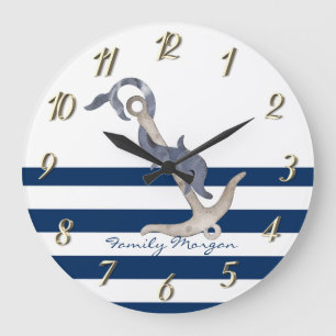 Nautisch, Dolphin Anchor Blue Stripes Grote Klok