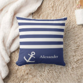 Nautisch Donkerblauw en Witte Strepen Naam Anker Kussen (Deken)