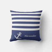 Nautisch Donkerblauw en Witte Strepen Naam Anker Kussen (Achterkant)