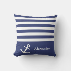 Nautisch Donkerblauw en Witte Strepen Naam Anker Kussen