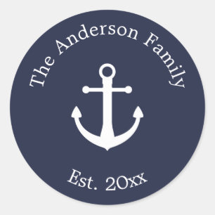 Nautisch Donkerblauw met Wit Anker & Tekst Ronde Sticker