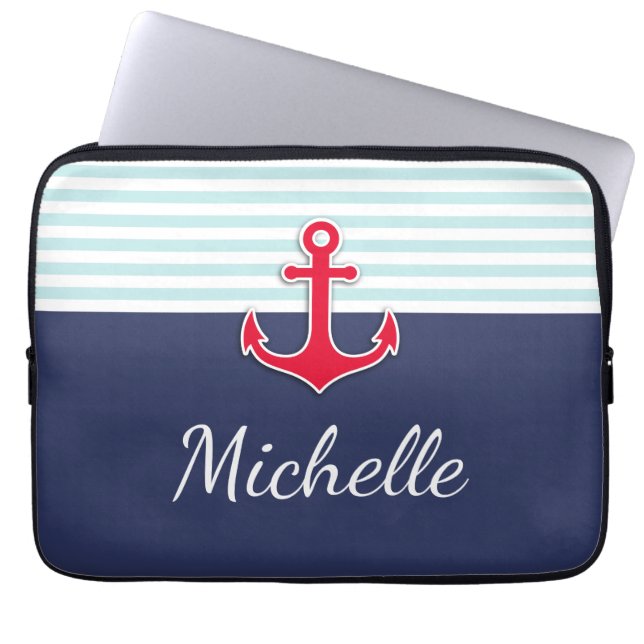 Nautisch donkerblauw rood ontwerp - Aangepaste naa Laptop Sleeve (Voorkant)