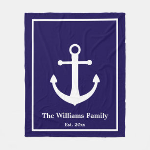 Nautisch Donkerblauw & Wit Anker & Achternaam Fleece Deken