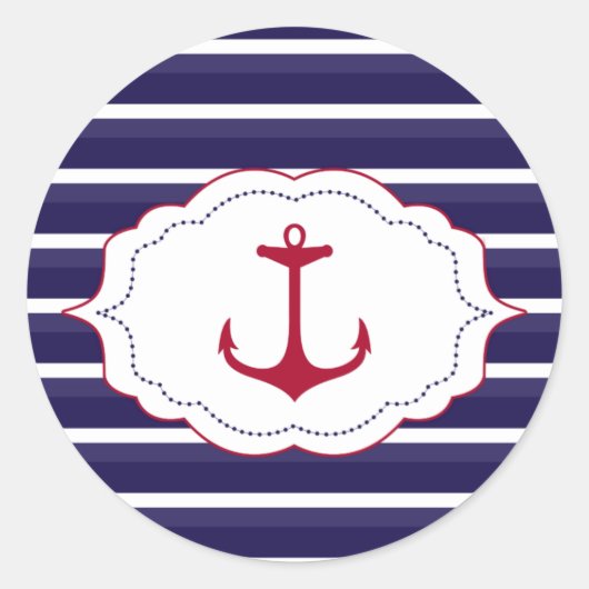 Nautisch Donkerblauw Wit Strepen Rood Anker Ronde Sticker (Voorkant)